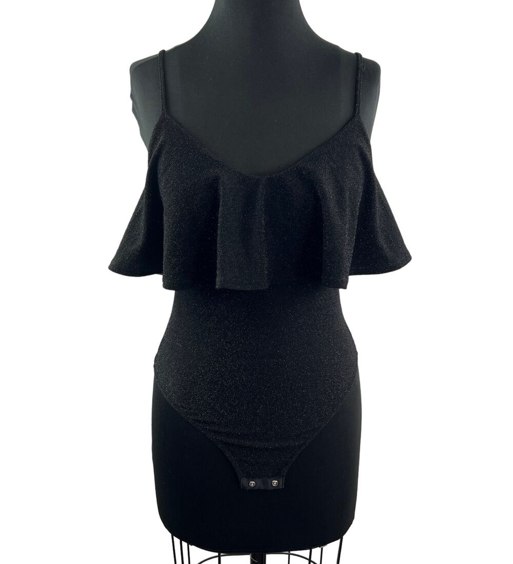 ZARA Knit Black Metallic Flounced Bodysuit Sleeveless V-Neckline Size S Small